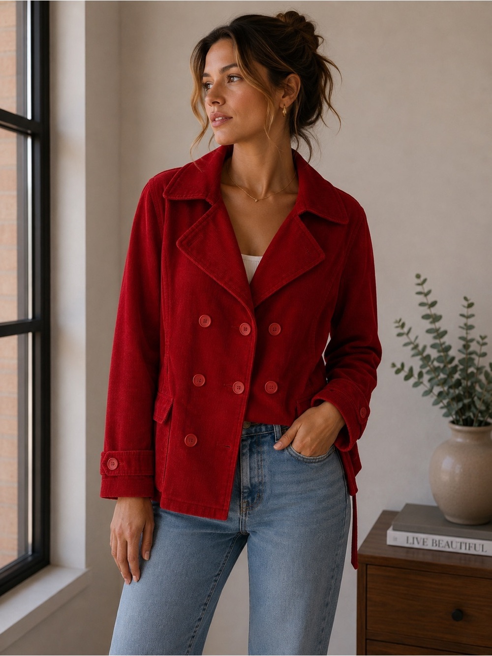 💯 Cotton!! H&M Women's Bold Red Corduroy Jacket!